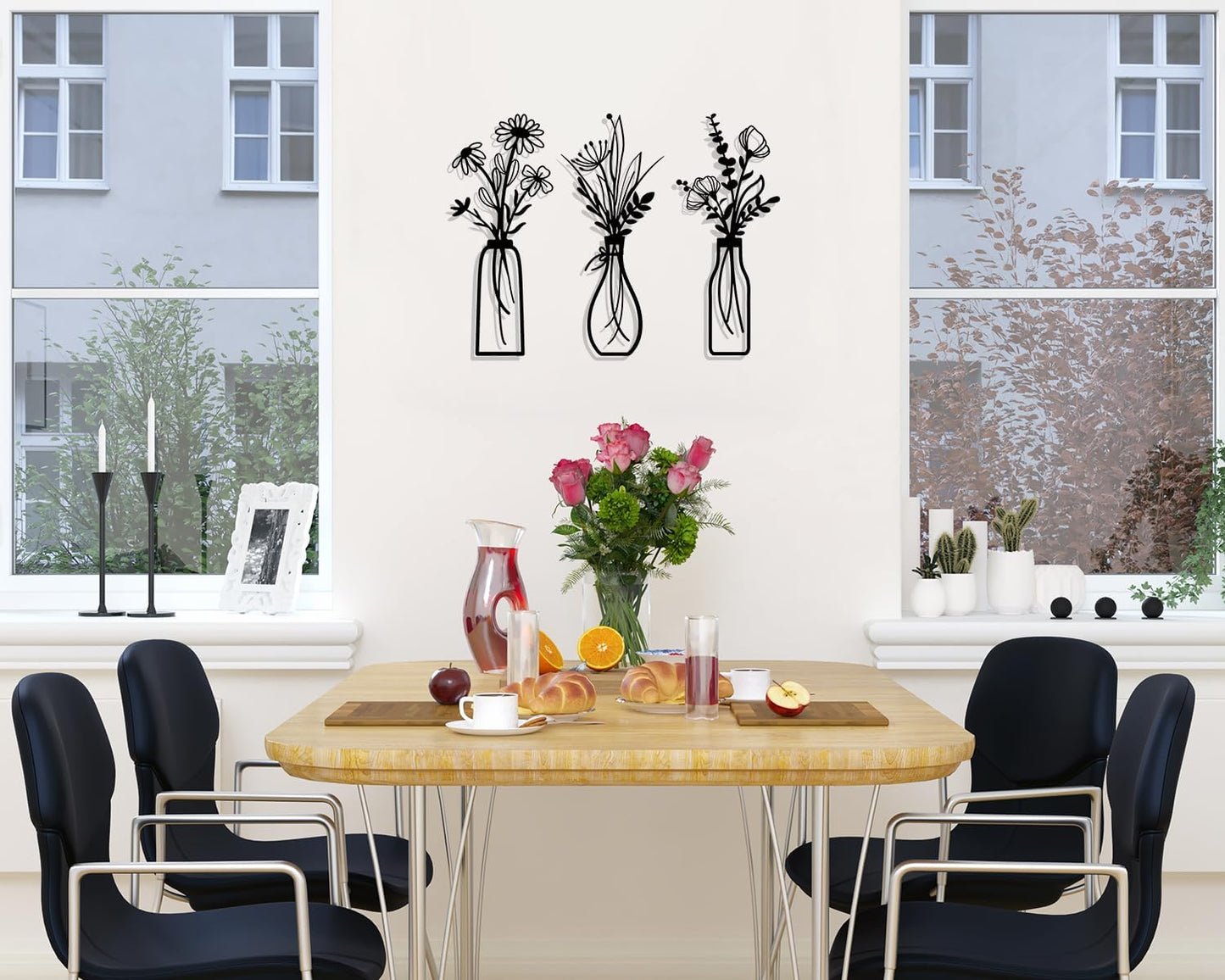 Pigort 3 Pieces Metal Flowers Wall Art- Rustic Farmhouse Decor Minimalist Decor for Living Room Bathroom Bedroom Dining Room, Housewarming Gifts Christmas Decoration(Beige, Vase-C)