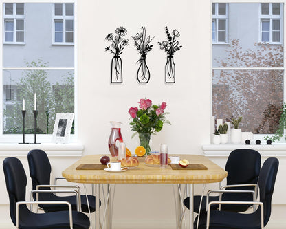 Pigort 3 Pieces Metal Flowers Wall Art- Rustic Farmhouse Decor Minimalist Decor for Living Room Bathroom Bedroom Dining Room, Housewarming Gifts Christmas Decoration(Beige, Vase-C)