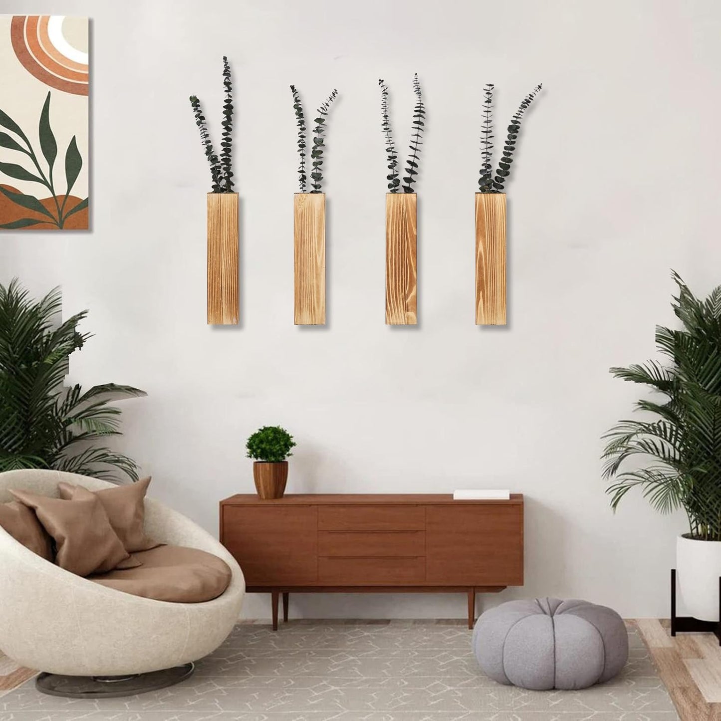 Wooden Wall Planter Set of 4 - Modern Home Decor for Living Room, Bedroom, Bathroom - Walnut Finish Planter for Dried Flowers, Faux Greenery, Indoor Plants