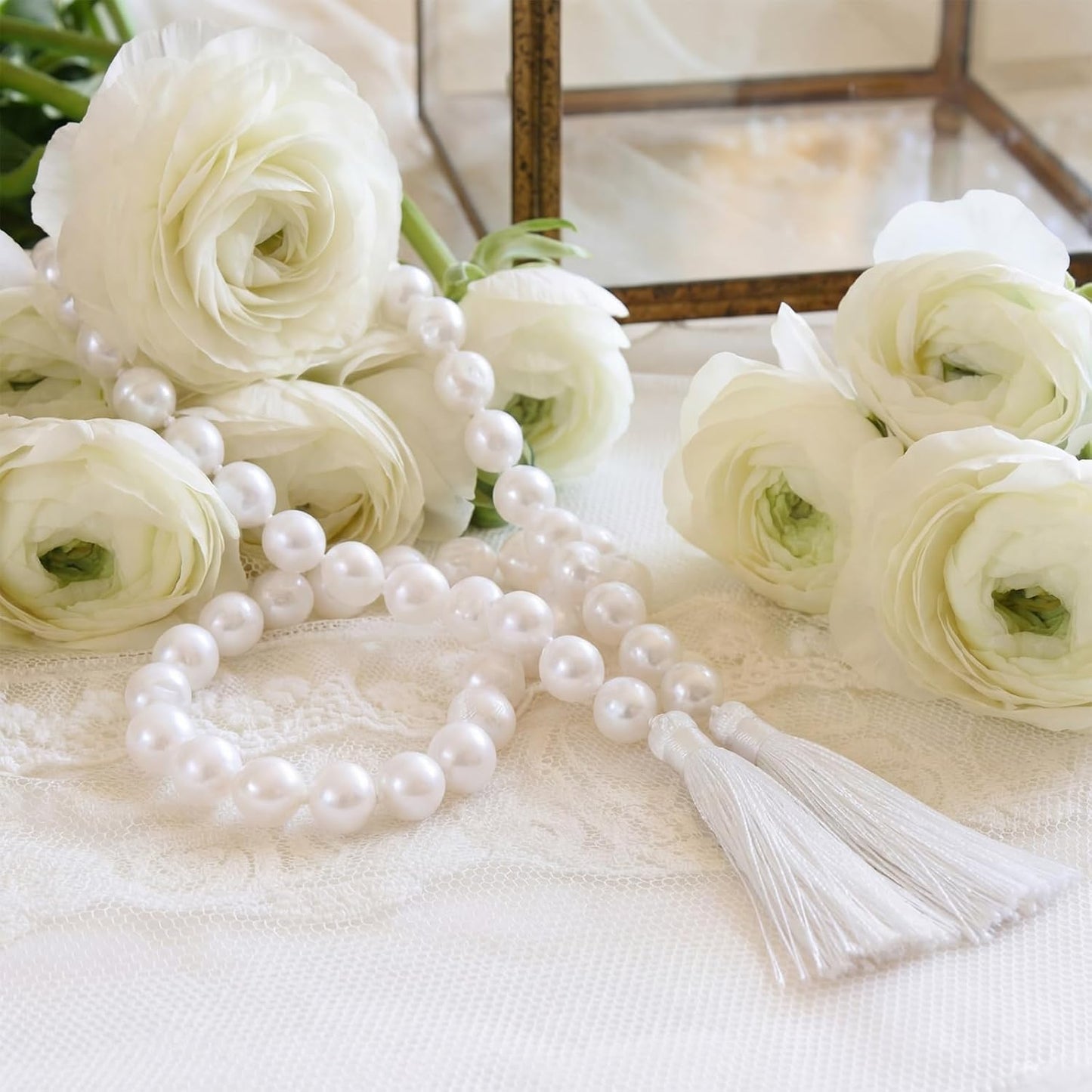 Quelay 58 Inch Pearl Glass Bead Garland 16mm with Tassels Elegant Boho Wedding Table Decor Healing Bead Prayer Fringe Wall Shelf Hanging for Wedding Party Farmhouse Rustic Home Decoration(Beige)