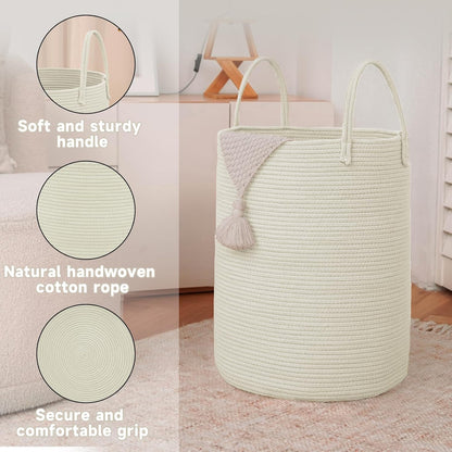 JMvicyroam Large Woven Laundry Basket Hamper,60L Cotton Rope Storage Bin for Blankets,Toys and Clothes,Decorative Tall Nursery Hamper for Living Room,Baby Nursery,Bathroom and Bedroom,Brown
