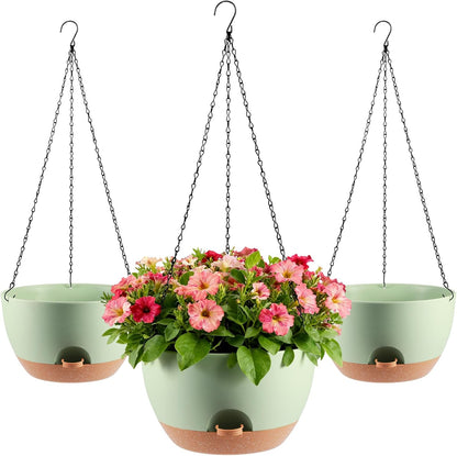 3-Piece Set of 10-Inch Hanging Planters with Automatic Watering System and Drip Tray, Includes Metal Chain, Suitable for Various Indoor and Outdoor Plants and Flowers, Green Brown