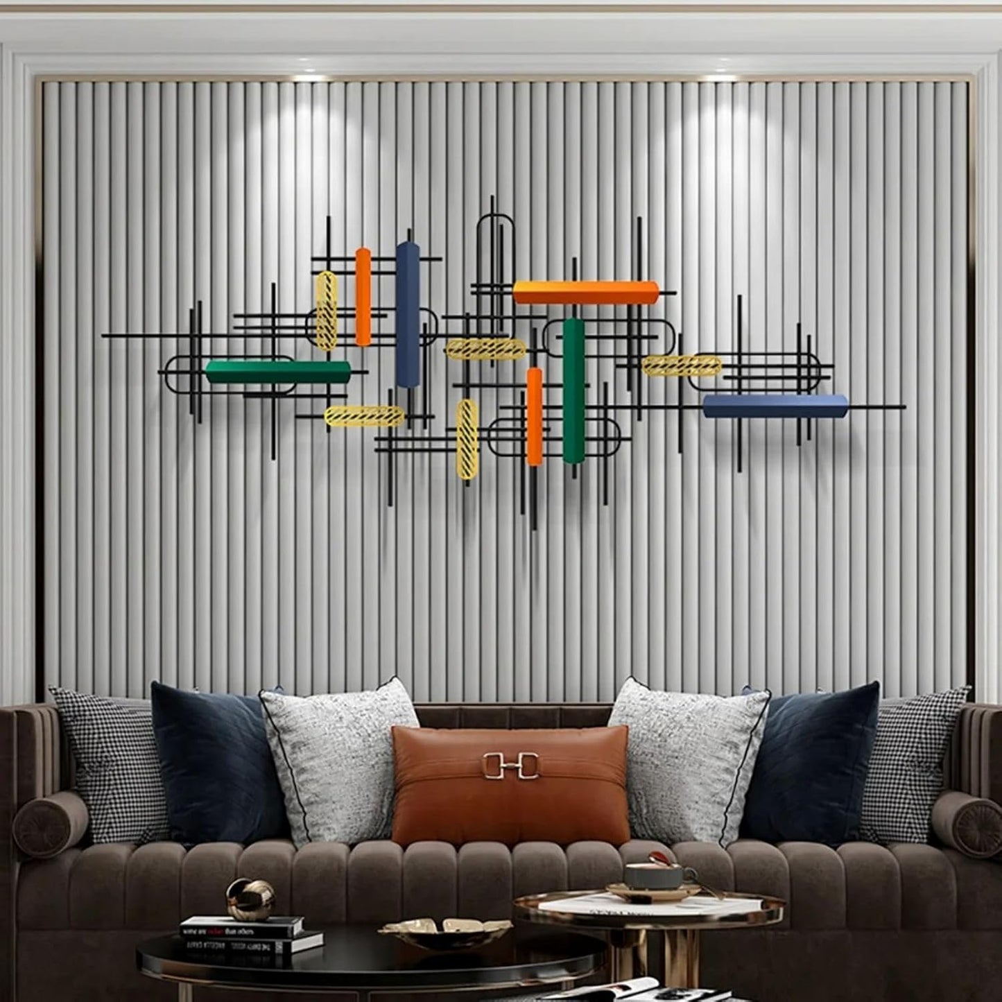 homary Large Metal Wall Art – 47.2" Modern 3D Abstract Geometric Overlapping Design, Iron Wall Decor for Living Room, Dining Room, Office