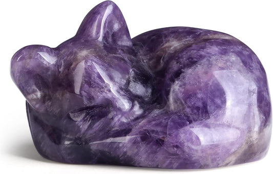 YATOJUZI 2" Cat Decors Statue Opal Moonstones Crystals Opalite Sleeping Cats Gemstone Hand-Carved Cute Animal Figurines Home Office Desk Decor Stocking Stuffers Cat Themed Ornaments Gifts for Women