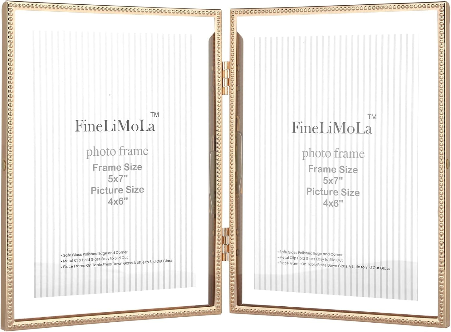 Gold 6x8'' Floating Photo Frame 2 Pack, Beaded Metal Frame Fits 3.5x5'', 4x6'' & 5x7'' Pictures, Adjustable Tabletop & Shelf Display, Elegant Wedding Gift for Home Decor