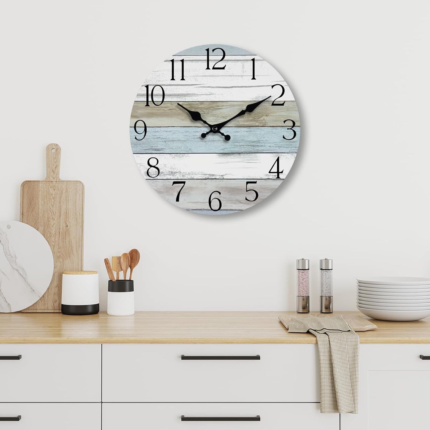 Wall Clock, Rustic Wall Clocks Battery Operated Silent Non Ticking, Country Round Wooden Clocks Farmhous Wall Decorative for Kitchen, Bathroom, Living Room (Gray 8 Inch)