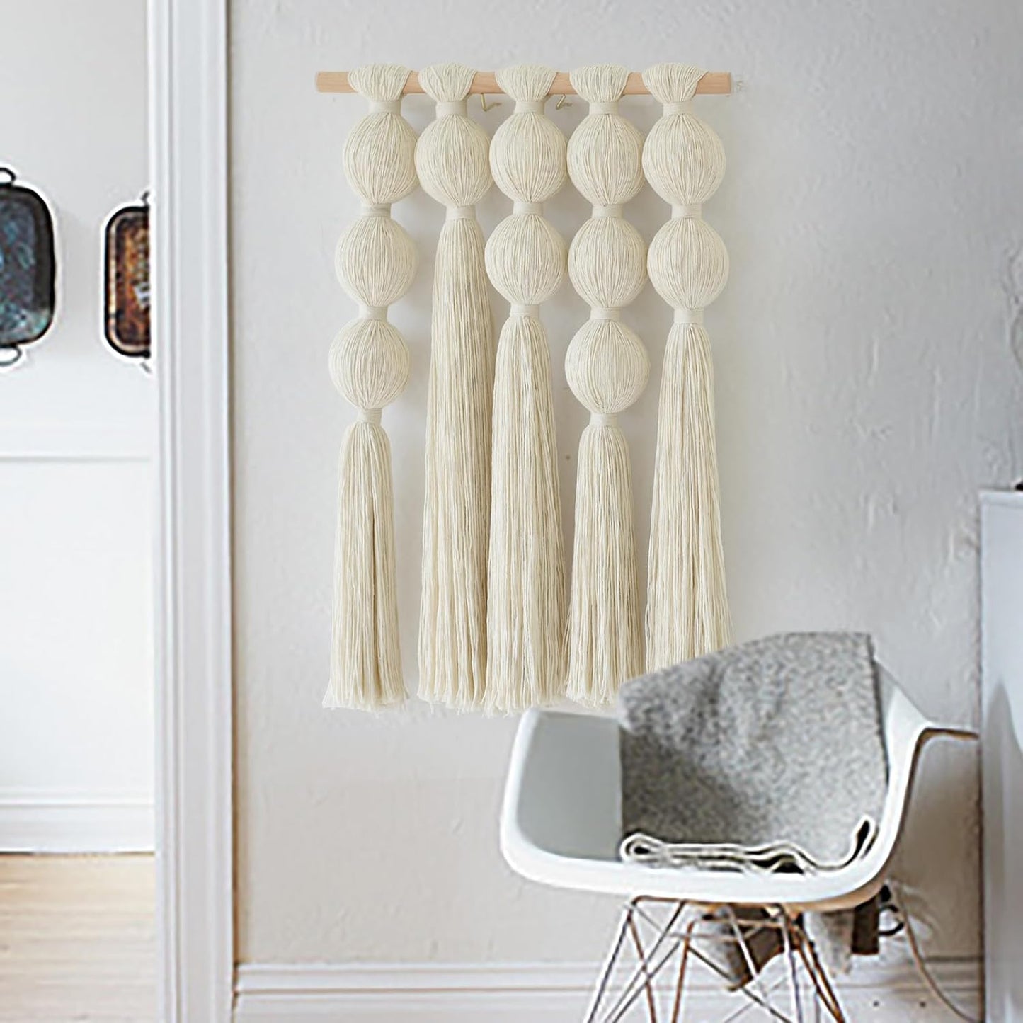Macrame Wall Hanging Boho Home Decor Handmade Cotton Fiber Art with Neutral Ivory Tassels Modern Bohemian Wall Decor for Living Room Bedroom Apartment 27" W x 22" L