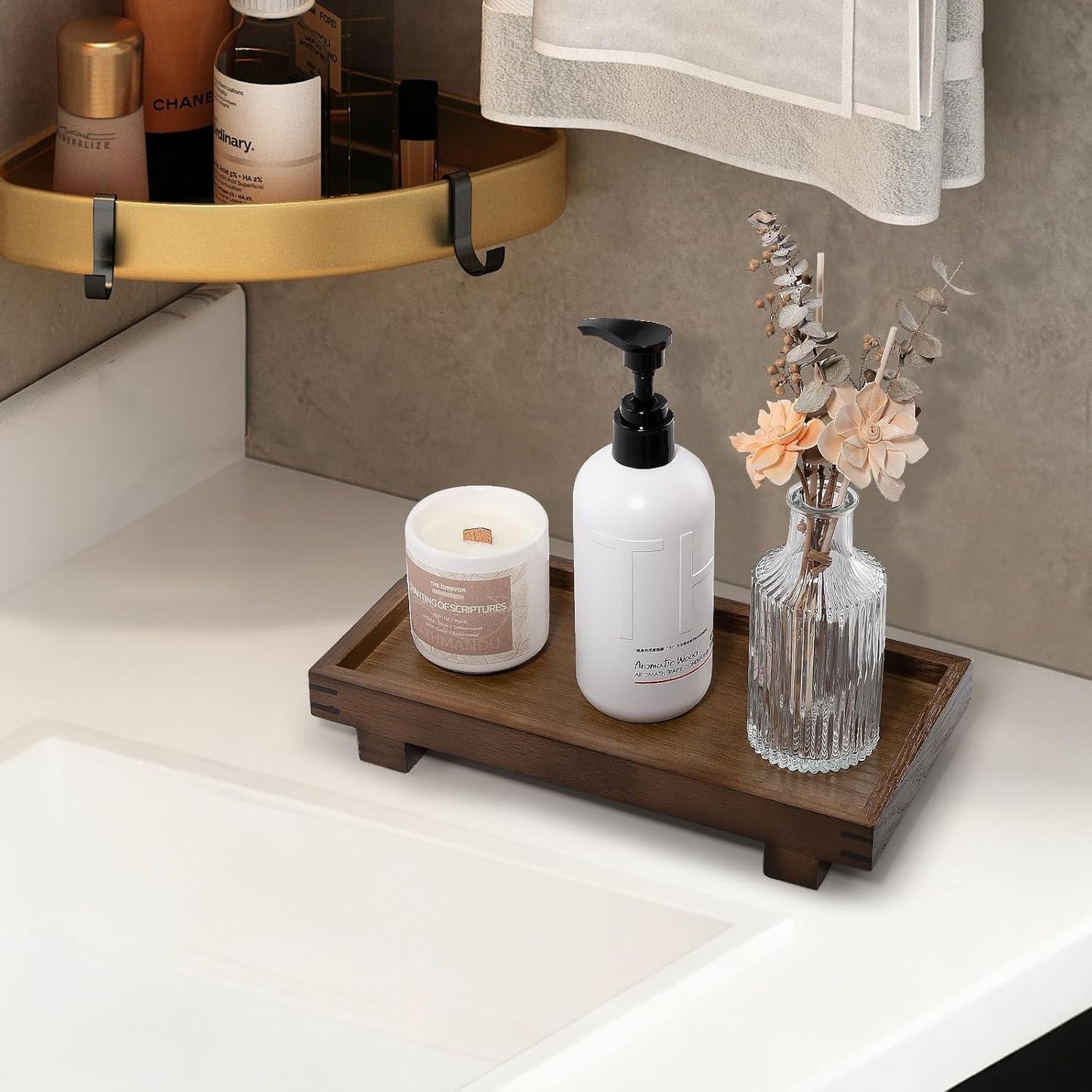 Decorative Tray Small Pedestal Stand Farmhouse Bathroom Decor Wooden Riser Display Stand for Vanity, Kitchen Countertop, Sink, 9.4 * 4.7 White