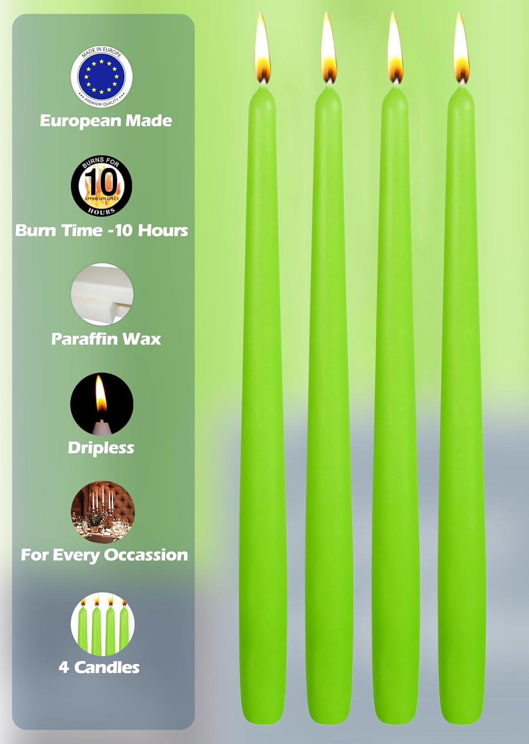Hyoola Tall Taper Candles - 10 Inch Metallic Gold Unscented Dripless Taper Candles - 8 Hour Burn Time - 4 Pack