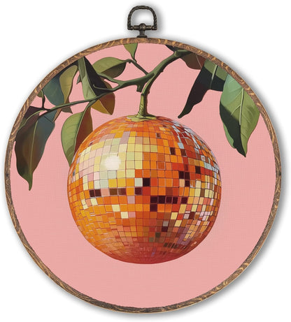 Trendy Funky Orange Disco Ball Oval Wall Art Framed, Funky Retro Oval Wall Decor, Trendy Aesthetic Hanging Canvas Prints Wall Sculptures for Home Living Room Bedroom Decor, 8.5x11.5 Inch