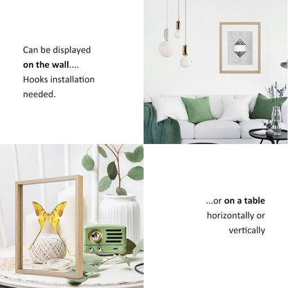 MUYE 11x14 Floating Frame Set of 2,Double Glass Rustic Frame,Display Any Size Photo up to 11x14,Wall Mount or Tabletop Standing,Natural