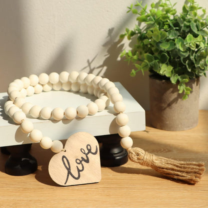 Meplait Love Wooden Bead Garland with Tassel, Decorative Beads Home Decor Farmhouse Tassel Garland Boho Decor for Tiered Tray（38in）