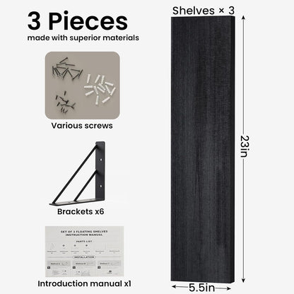 BAYKA Wall Mounted Floating Shelves, Wood Floating Wall Shelf for Books & Decor, Small Space-Saving Display & Organizer（Black，Set of 3）