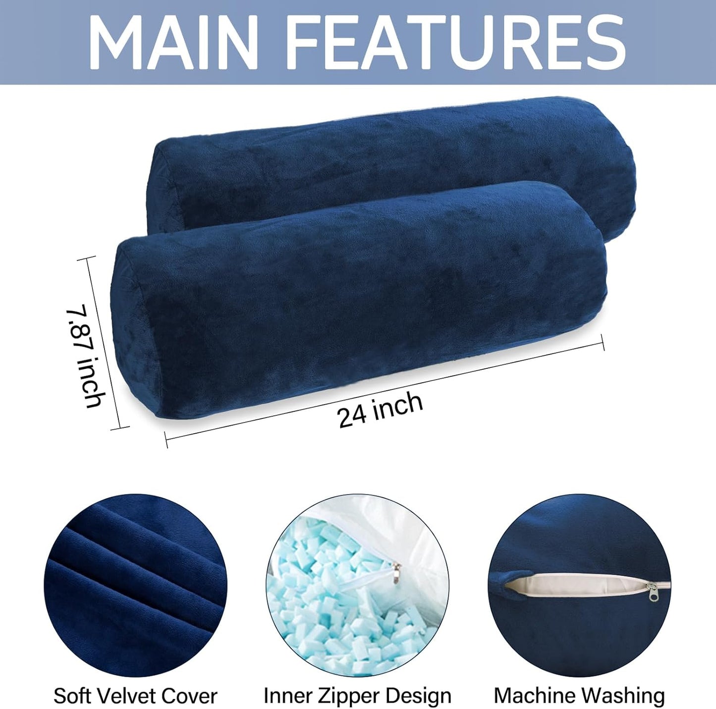 1 MIDDLE ONE Body Pillow, Memory Foam Body Pillows for Adults Sleeping, Decorative Bolster Pillow for Bed & Couch, Long Cylinder Tube Round Pillow, 24x7.87 Inches, Set of 2 (Light Grey)