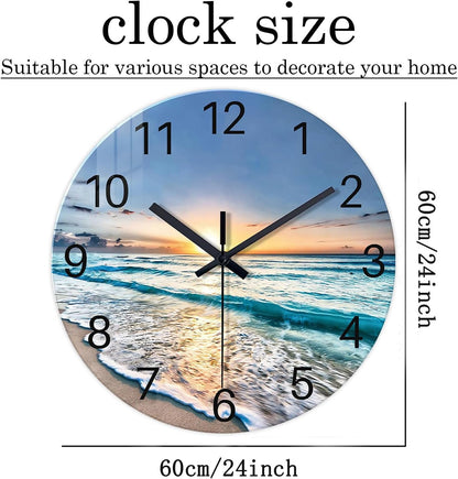 Beach Wall Clock Battery Operated 12 Inch Glass Wall Clock Non Ticking Analog Blue Wall Clocks for Bedroom Living Room Office Decor