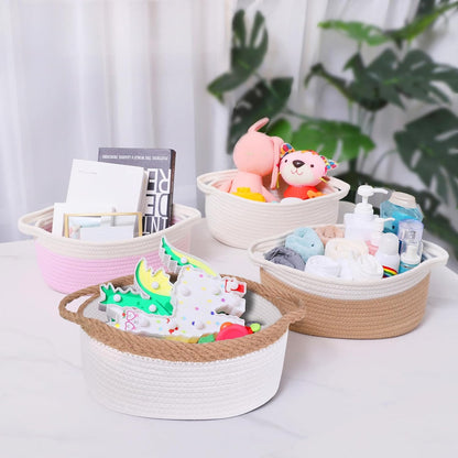 ABenkle Small Basket with Handles, Boho Decorative Rope Woven Dog Cat Toy Storage Bin Shelf Storage Organizer, Easter Christmas Gift Basket, 12"x8"x5", White