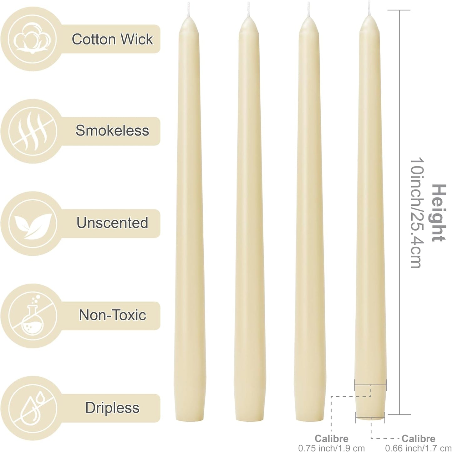 10-Inch Ivory Taper Candles - Dripless Smokeless Tapered Candle Cream Unscented Candlesticks Paraffin Wax Long Slow Burning Tall Candle Sticks for Dinner Business Wedding Restaurants 12 Pack