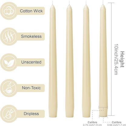 10-Inch Ivory Taper Candles - Dripless Smokeless Tapered Candle Cream Unscented Candlesticks Paraffin Wax Long Slow Burning Tall Candle Sticks for Dinner Business Wedding Restaurants 12 Pack