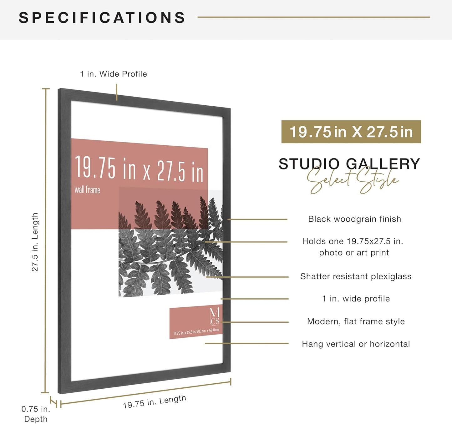 MCS Studio Gallery 16x24 Poster Frame Black Woodgrain Engineered Wood, Vertical & Horizontal Wall Hanging Large Picture Frame for Photos, Posters & Art Prints (1-Pack)