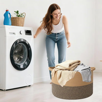 Large Woven Blanket Basket,65L Cotton Rope Laundry Basket Hamper with Handles, Decorative Nursery Basket Storage Bin for Toys, Clothes Organizer, Living Room, Bedroom, Bathroom, White & Brown