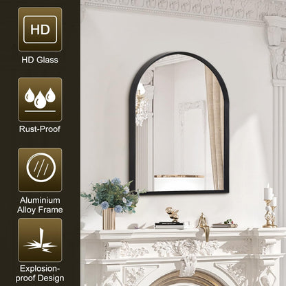 Black Arched Mirror, Modern Bathroom Wall Mirror Aluminum Alloy Framed Mirror Brushed Metal Vanity Wall Mounted Mirror for Livingroom Bedroom Entryway Room 16"x12"
