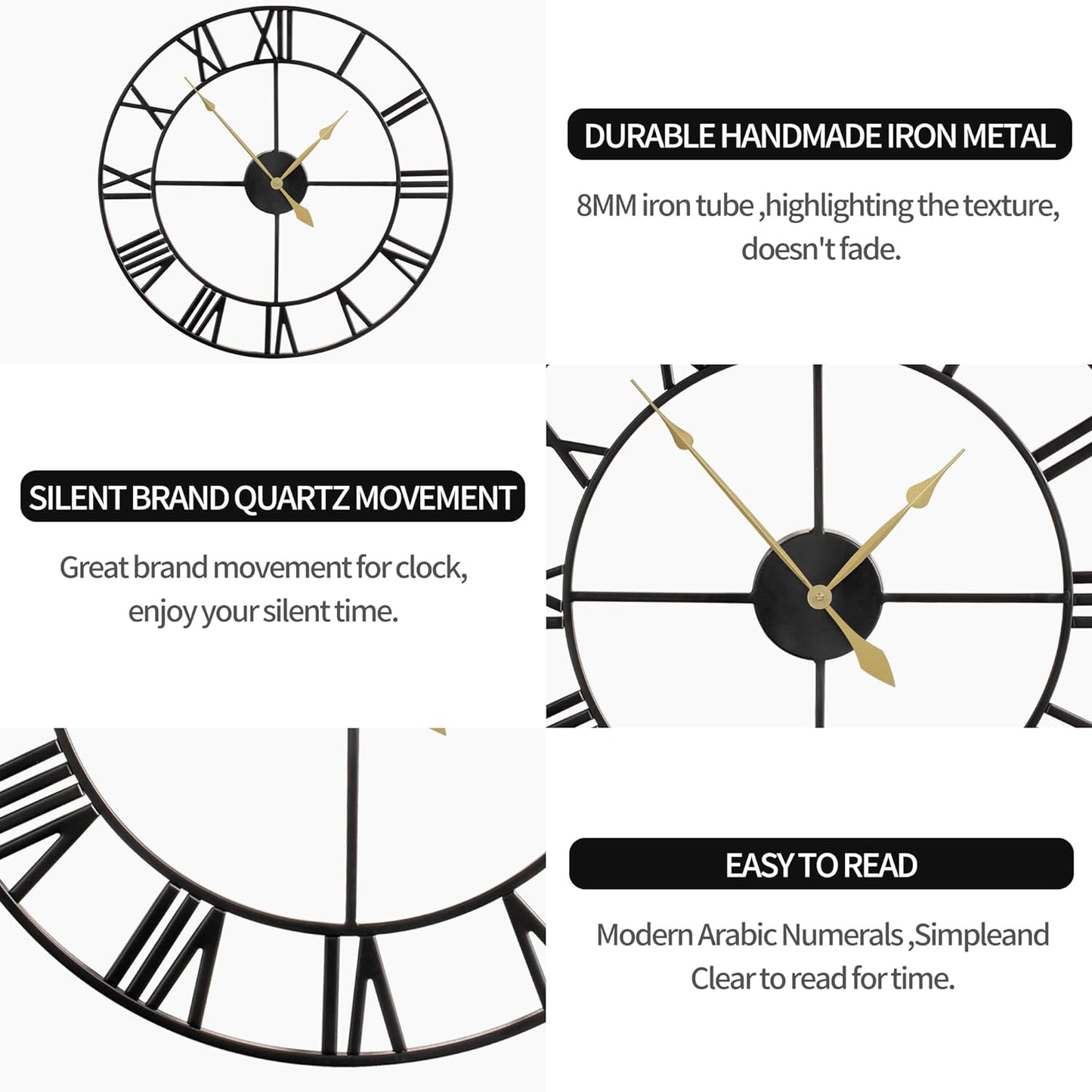 LEIKE 16" Large Wall Clocks Battery Operated, Round Modern Silent Non-Ticking Black Metal Wall Clock for Living Room Decor, Bedroom Kitchen (40cm Diameter, Black Roman Number)