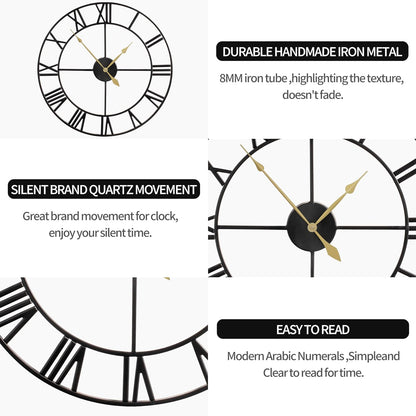LEIKE 16" Large Wall Clocks Battery Operated, Round Modern Silent Non-Ticking Black Metal Wall Clock for Living Room Decor, Bedroom Kitchen (40cm Diameter, Black Roman Number)