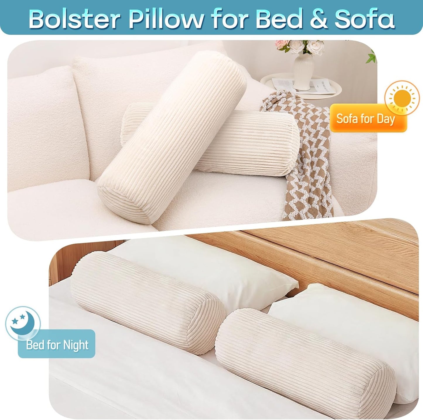 1 MIDDLE ONE Body Pillow, Memory Foam Body Pillows for Adults Sleeping, Decorative Bolster Pillow for Bed & Couch, Long Cylinder Tube Round Pillow, 24x7.87 Inches, Set of 2 (Light Grey)