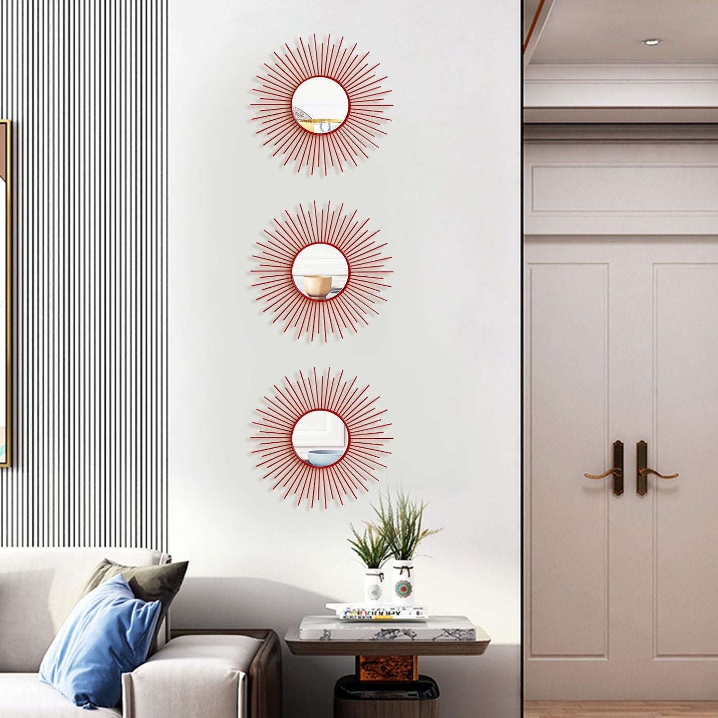 3 Pack Metal Mirrors for Wall Sunburst Wall Mirrors Home Décor Decorative Hanging Wall Art for Living Room Bedroom Entryway (Gold, Flower+Sunburst)