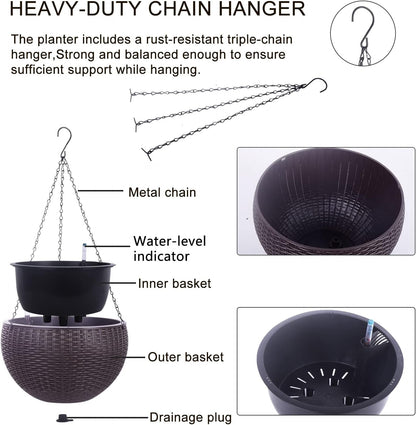 Vencer 11 Inch Round Resin Rattan Hanging Planters,Self Watering Hanging Basket for Indoor Outdoor Plants,Hanging Flower Pots with Drain Hole and Metal Chain,Water Indicator,Coffee,VF-A15-C
