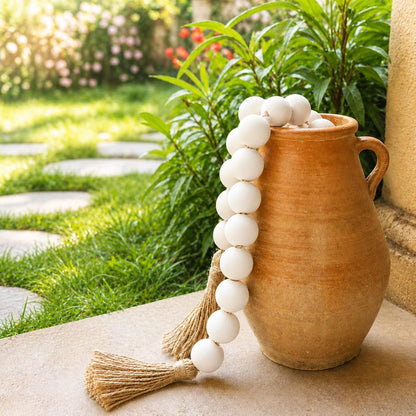 OMISHE Extra Large Wood Bead Garland with 1.6" Diameter Wooden Beads and Tassels, 41" Long Rustic Farmhouse Country Decorative Beads for Home Tiered Tray Decor, Natural Beige