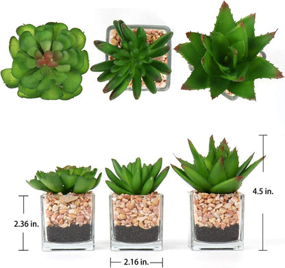 Briful Mini Fake Plants 4 Packs Succuletns Artificial Potted Plants in Cube Glass Vase Faux Succulents for Bathroom Living Room Kitchen Shelf Table Decor