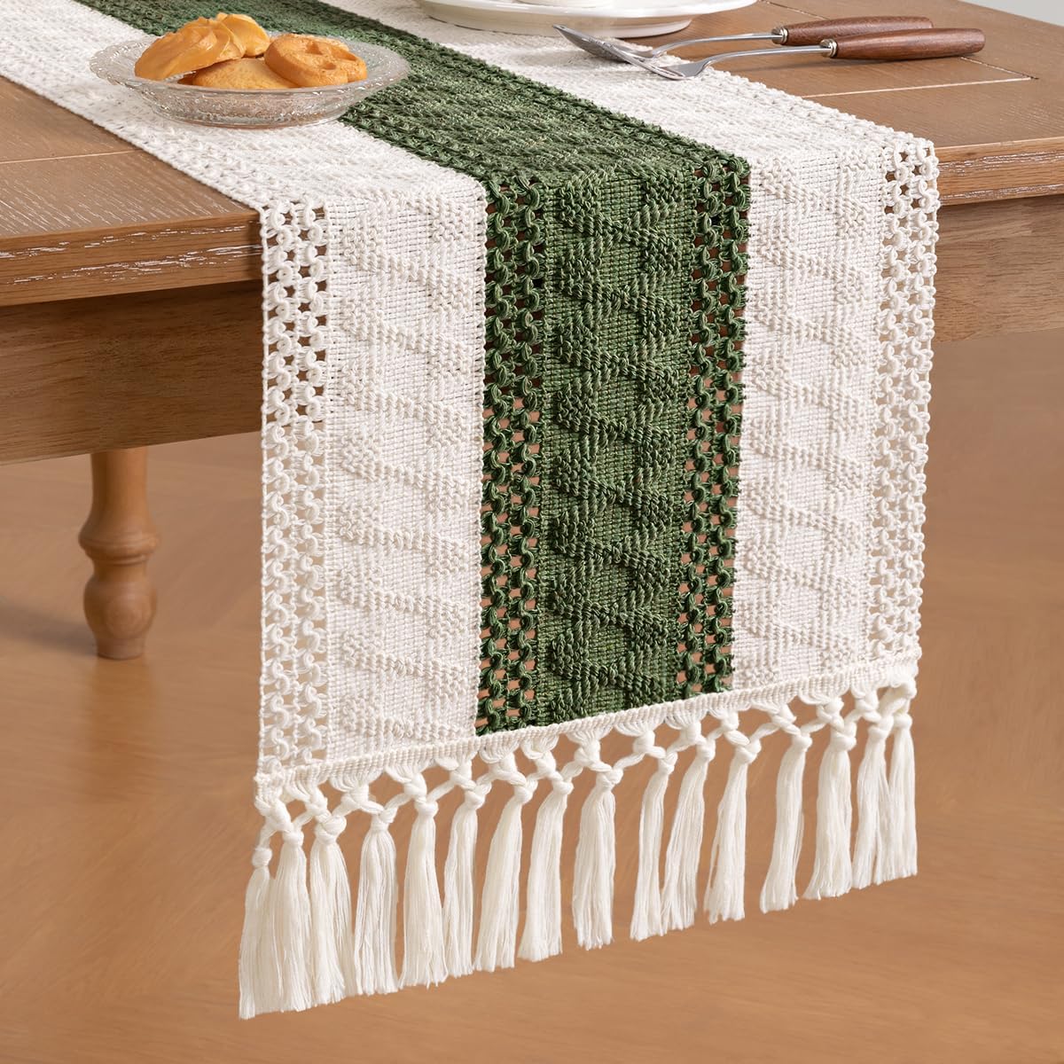 Socomi Boho Table Runner Summer Farmhouse Rustic Dining Kitchen Centerpiece Decor Small Macrame Woven Cotton Linen Coffee Table Runner for Dresser Scarf Home Decor 12x36 inch Beige