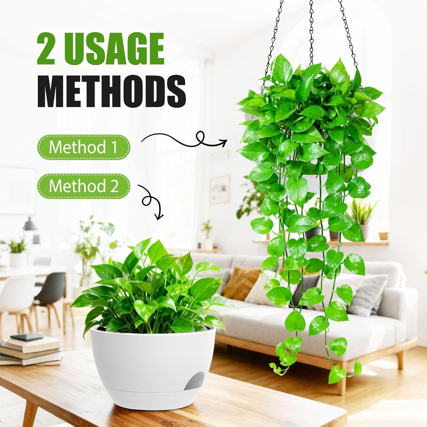 8 Inch Hanging Planters for Indoor Outdoor Plants, 4 Pack Black Plastic Self Watering Hanging Baskets with Drainage Holes and Chain for Garden Porch