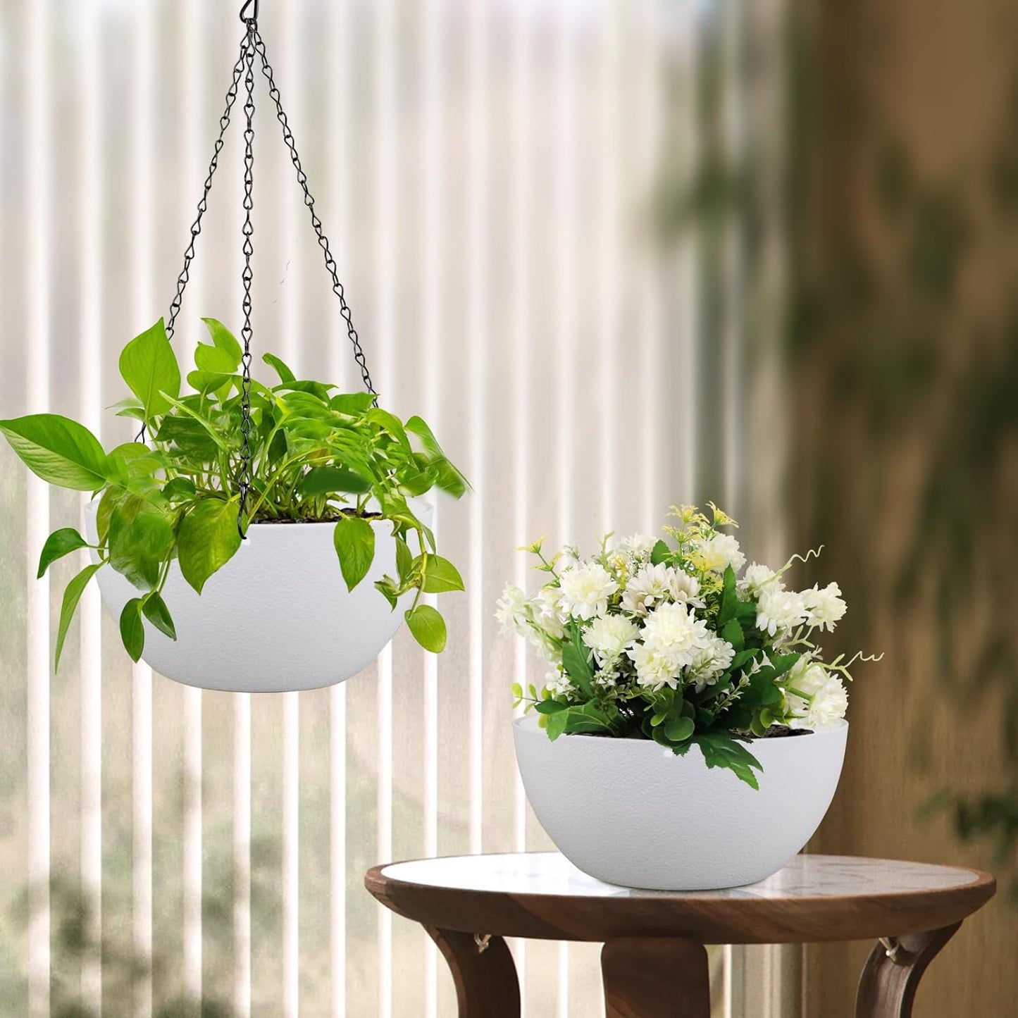 Meowell 10 inch Hanging Planters for Indoor Outdoor Plants, 2 Pack Hanging Flower Pots with Drainage Holes and Chain for Garden Porch, Plastic Hanging Baskets for House Plants, Speckled Grey