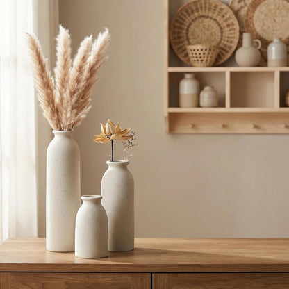 CEMABT Beige Ceramic vase Set-3 Small Flower vases for Decor,Modern Boho Farmhouse Home Decor,Decorative vase for Pampas Grass&Dried Flowers,idea Shelf,Table,Bookshelf ，Entryway- Distressed