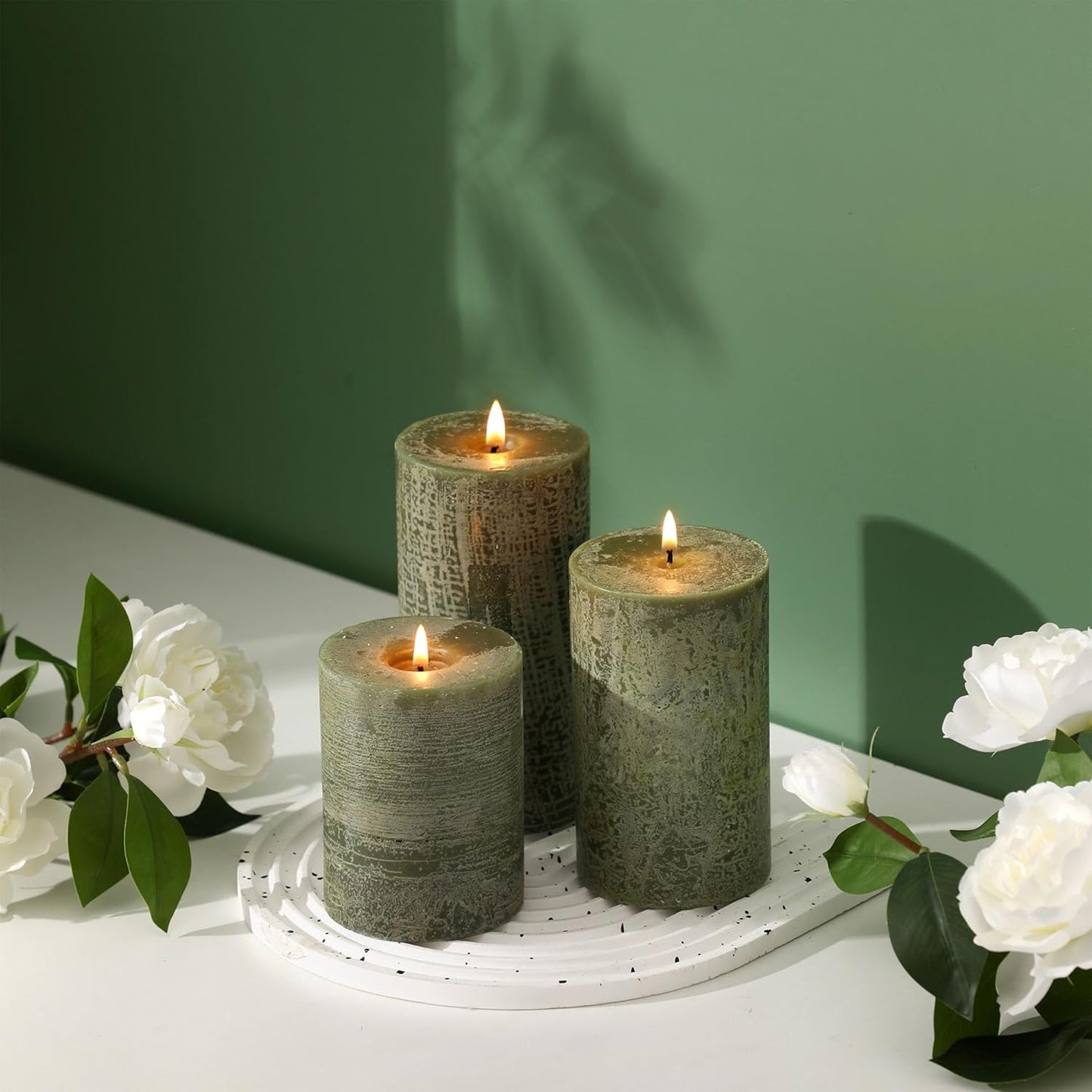 Sage Green Pillar Candles Set of 3 - Hand-Poured Unscented Candles,Smokeless Dripless Candles for Dinner Table and Home, Set of 3 in Different Sizes (3"x4", 3"x5", 3"x6")