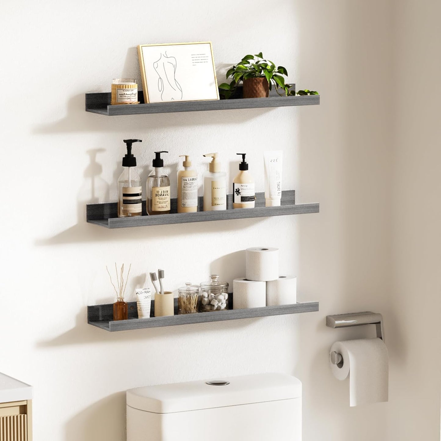 upsimples 6 Pack Wooden Floating Shelves, Wall Storage Decor Shelf for Bathroom, Bedroom, Living Room, Kitchen, Office and Laundry Room, Wall Mounted Display Hanging Shelf, Brown
