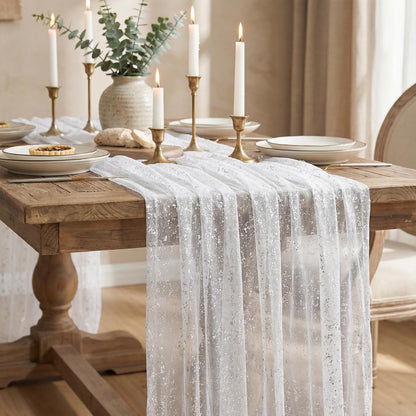 Artoid Mode Beige Gold Gauze Table Runner 120 Inch 10FT, Glitter Metallic Foil Sheer Dining Wedding Anniversary Holiday Birthday Table Decor for Home Party