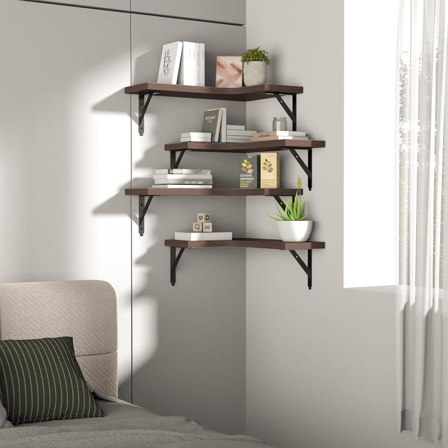 ROMGUAR CRAFT Corner Floating Shelves Wall Mounted Set of 4, Rustic Wood Storage Display Shelves for Home Decor, Bathroom, Kitchen, Bedroom, Living Room, Office (Black)