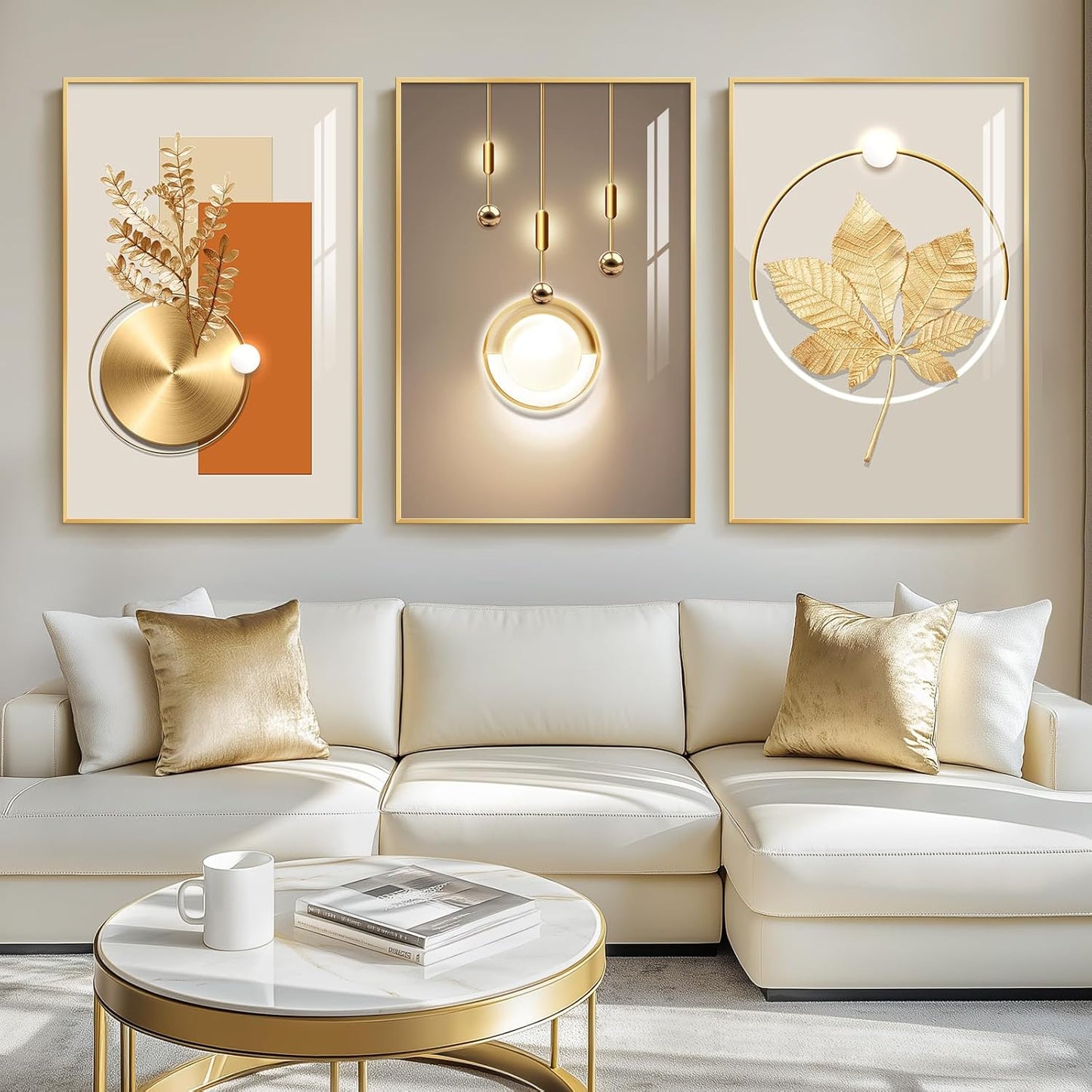Framed Modern Luxury Gold Wall Art, Set of 3 Piece Contemporary Paintings Artwork for Walls, Golden Prints Pictures with Gold Frame, Wall Decor for Living Room, Hallway, Bedroom, Office 16x24 Inch