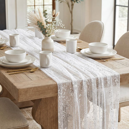 Artoid Mode Beige Gold Gauze Table Runner 120 Inch 10FT, Glitter Metallic Foil Sheer Dining Wedding Anniversary Holiday Birthday Table Decor for Home Party