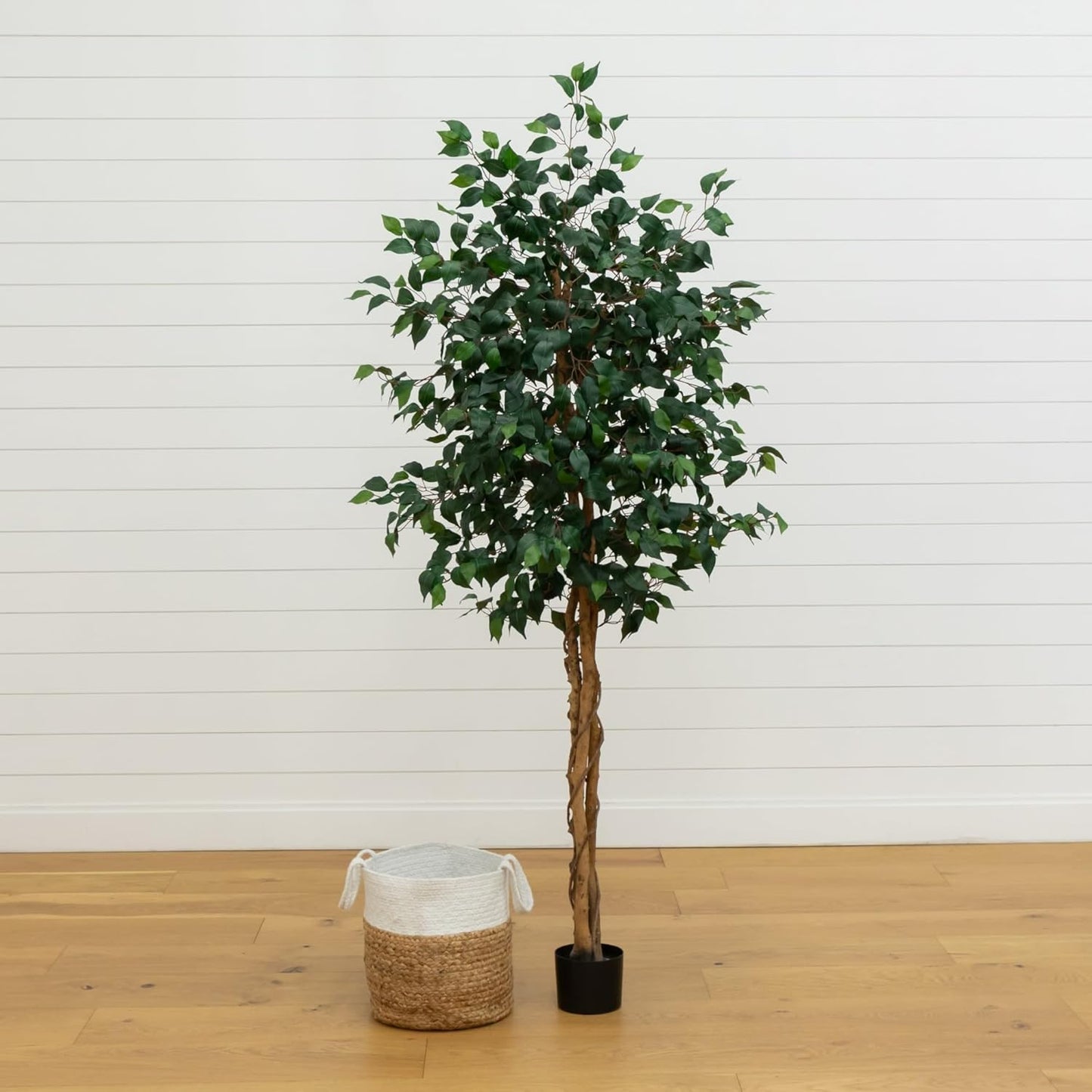 Nearly Natural 4ft Triple Trunk Ficus Silk Tree with Natural Wood Trunks and Dense Foliage, Mid-Size Faux Floor Plant for Home and Office