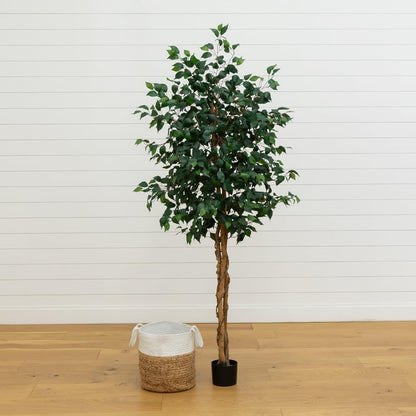 Nearly Natural 4ft Triple Trunk Ficus Silk Tree with Natural Wood Trunks and Dense Foliage, Mid-Size Faux Floor Plant for Home and Office