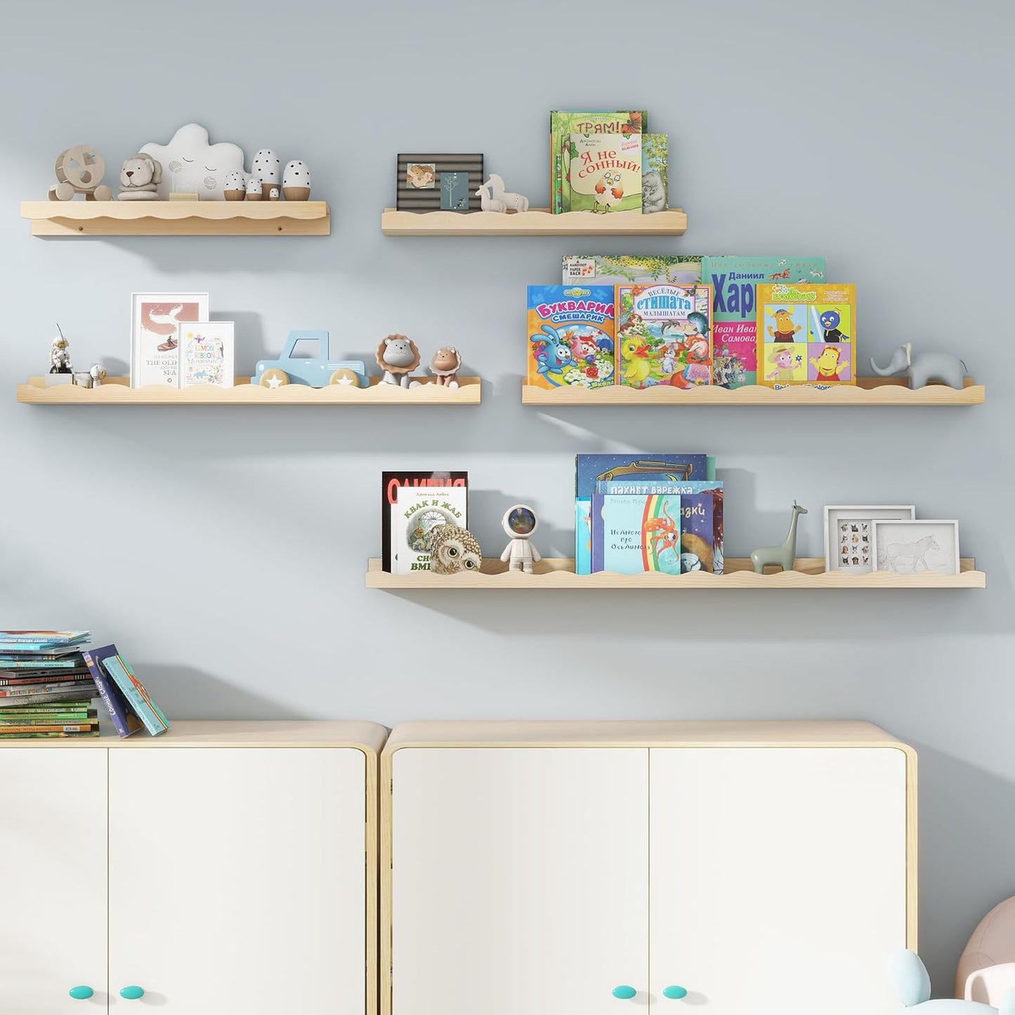 Fun Memories Picture Ledge Shelf for Wall, 24 inch Pine Wood Nursery Book Shelves Set of 2- Wall Book Shelves for Kids Room, Home Decor - Kitchen Spice-White