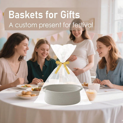 JMvicyroam Woven Basket,Small Rope Storage Bin with Handles & Ribbon Bag, Organizer for Shelves Closets,Gift Basket Empty for Birthday,Books,Dog Toys,White