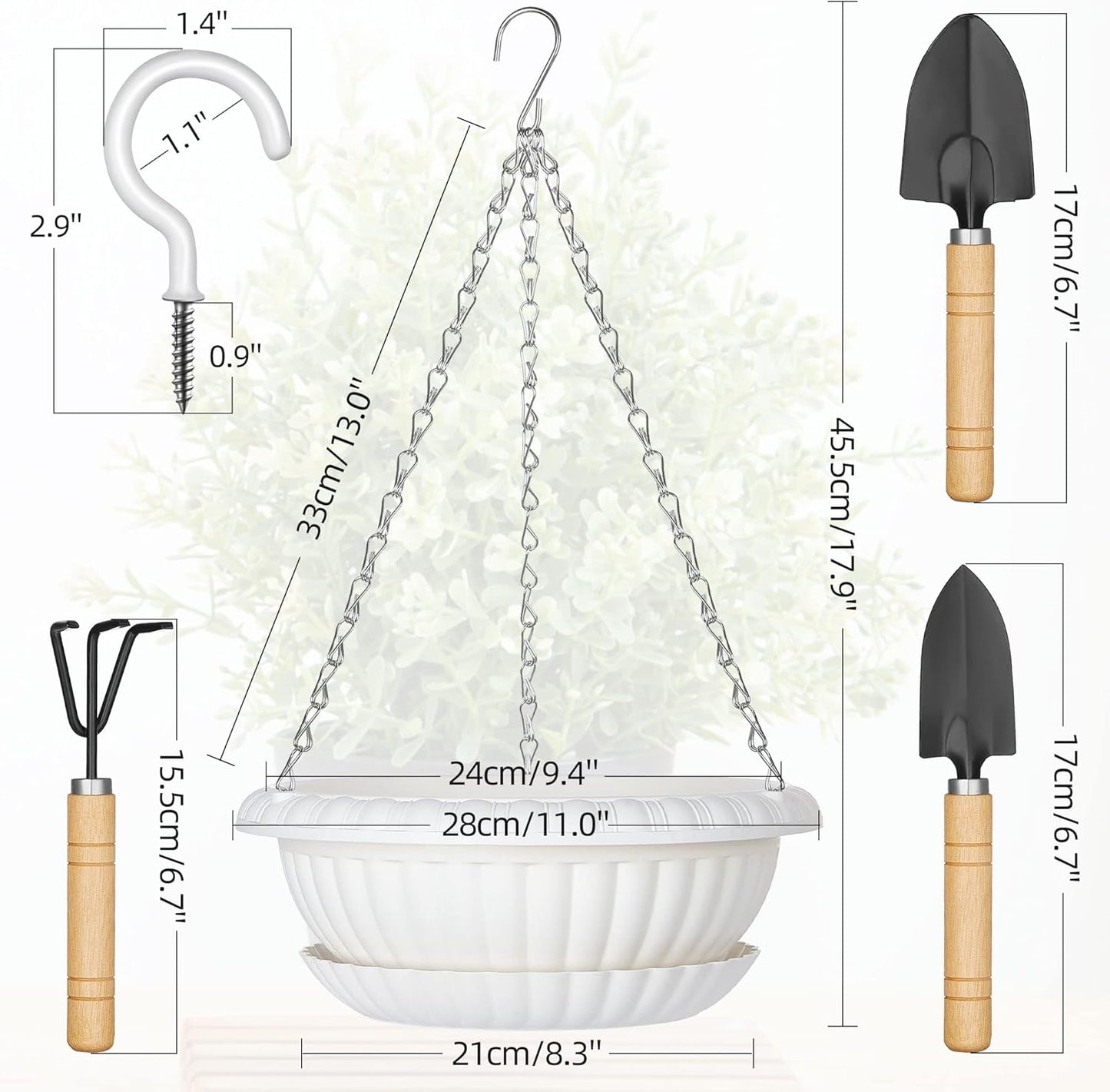 Hanging Planters, 5 Pcs 11" Hanging Pots, White Hanging Flower Pots, Hanging Plant Pots Baskets for Plants with Drainage Trays, Hanging Chains and Ceiling Hooks, Come with Free Garden Tools Set