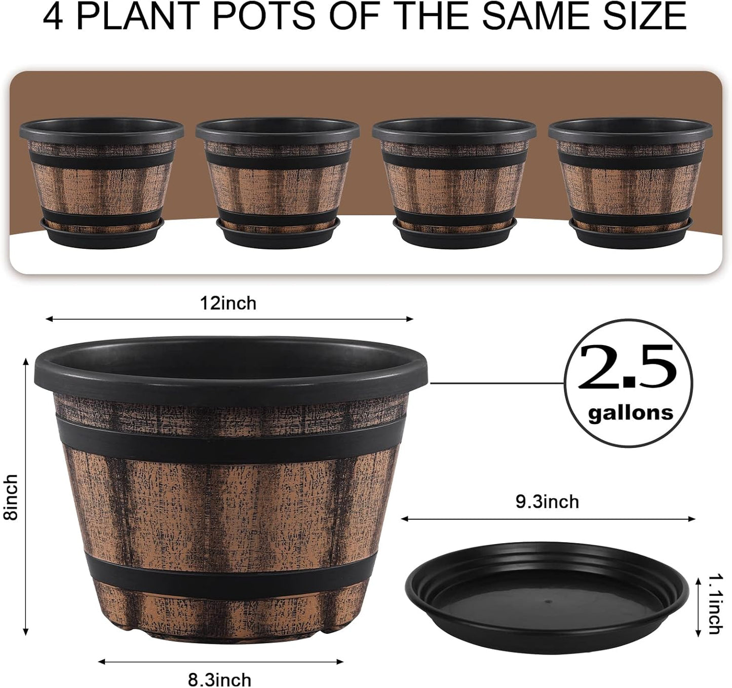 Quarut 3 Pack 10 inch Plant Pots,Whiskey Barrel Planters with Drainage Holes & Saucer, Plastic Decoration Flower Pots Imitation Wine Barrel Design, for Indoor & Outdoor Garden Home Plants (Brown)