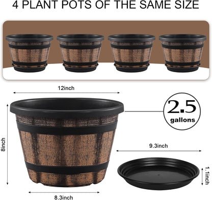 Quarut 3 Pack 10 inch Plant Pots,Whiskey Barrel Planters with Drainage Holes & Saucer, Plastic Decoration Flower Pots Imitation Wine Barrel Design, for Indoor & Outdoor Garden Home Plants (Brown)