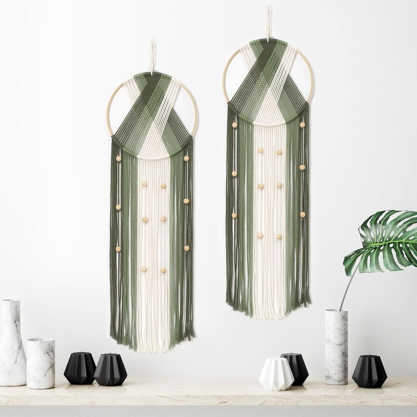 LB Boho Macrame Wall Hanging - Green and Beige Handmade Cotton Woven Decor, Modern Geometric Bohemian Tapestry Wall Decor for Bedroom Living Room Home (31.5"x9.84") Nature-Inspired Room Decor